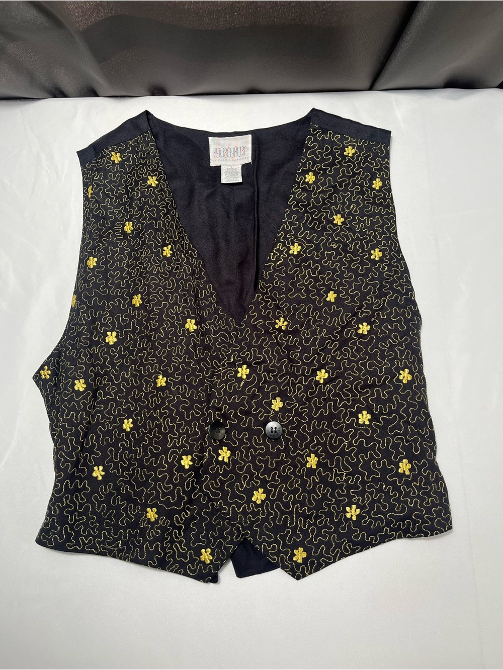 Vintage Passports Pier 1 Embroidered Vest Black Gold Boho Artsy